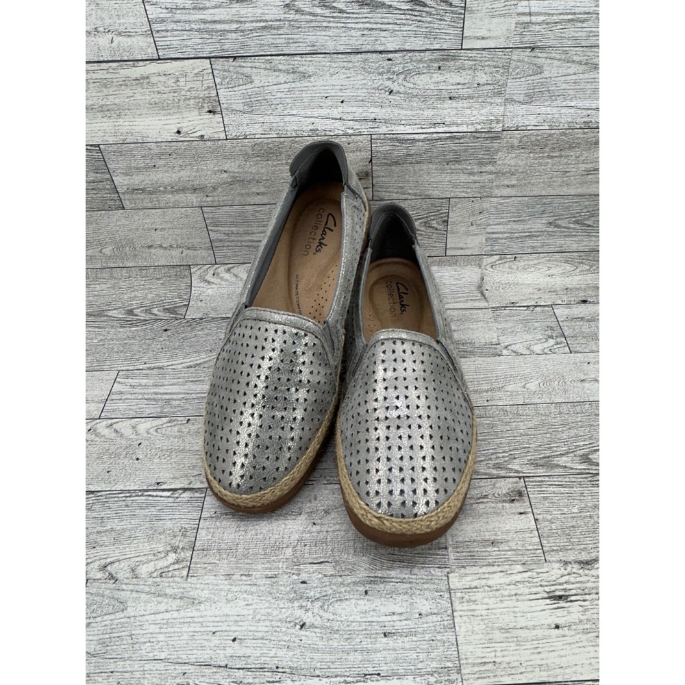 Clarks Collection Silver Metallic Perforated Espadrille Slip On Shoes Women 6.5M